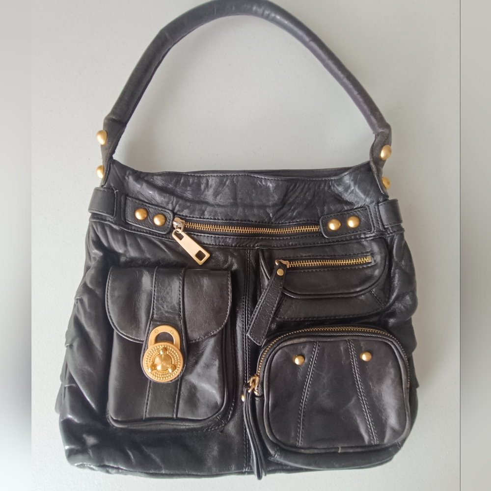 Slouchy Edgy Black Leather Shoulder Handbag Gold Hardware Steve Madden